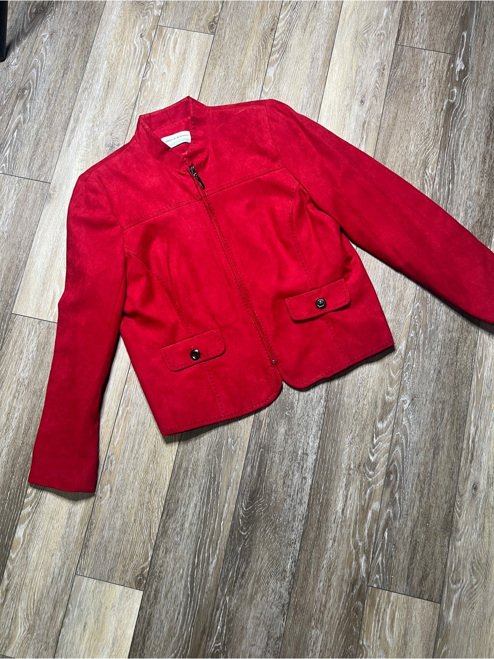 Alfred Dunner red faux suede jacket with a zip-up front and front pocket